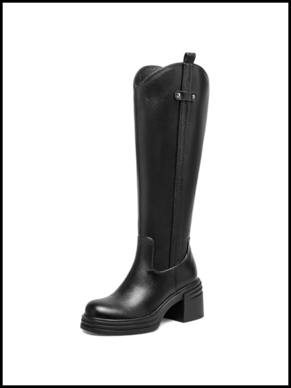 Faux Leather Knee High Boots Round Toe Chunky Heel Tall Boots Back Zipper